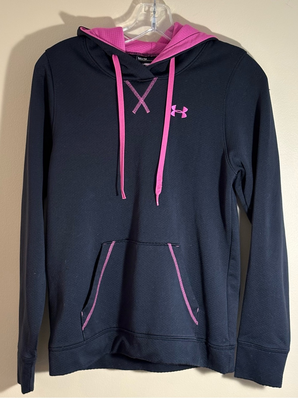 Under Armour Black Fleece Hoodie Pink Crisscross Drawstring Size-M